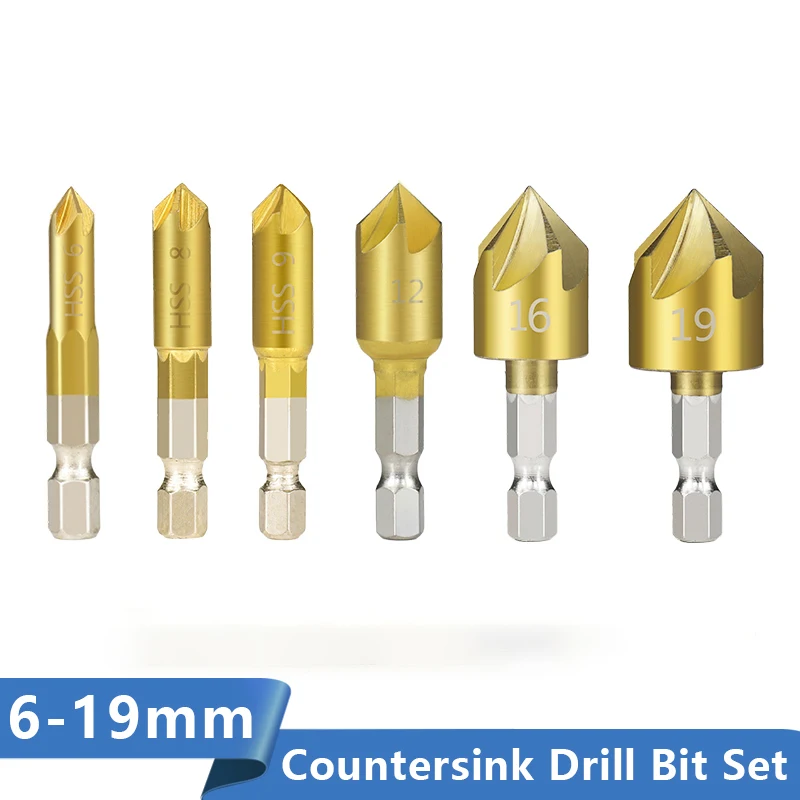 

1/4 Hex Shank 5 Flute Chamfer Countersink Drill Bit Set 6-19mm Titanium Coated 82° Milling Cutter for Woodworking Carpentry Tool