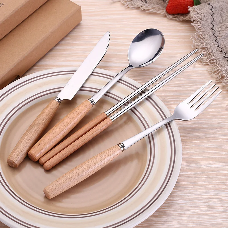 Wooden Handle Cutlery Gift Box Stainless Steel Cutlery Set Household Dinnerware Set Wooden Handle Knife Fork Spoon Chopsticks