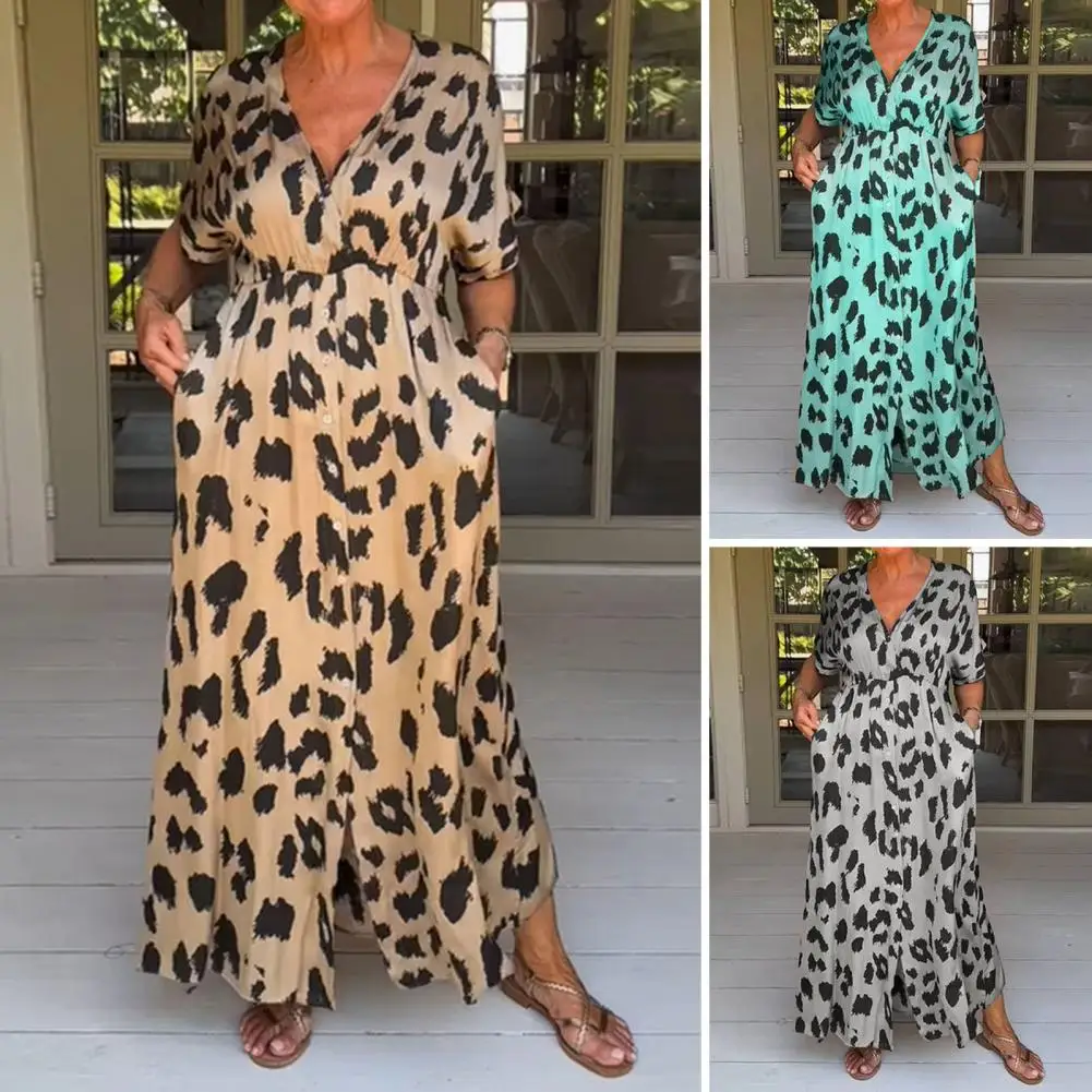 

Свободное женское платье-макси с леопардовым принтом, V-образным вырезом и контрастными цветными карманами, Стильное женское платье до щиколотки