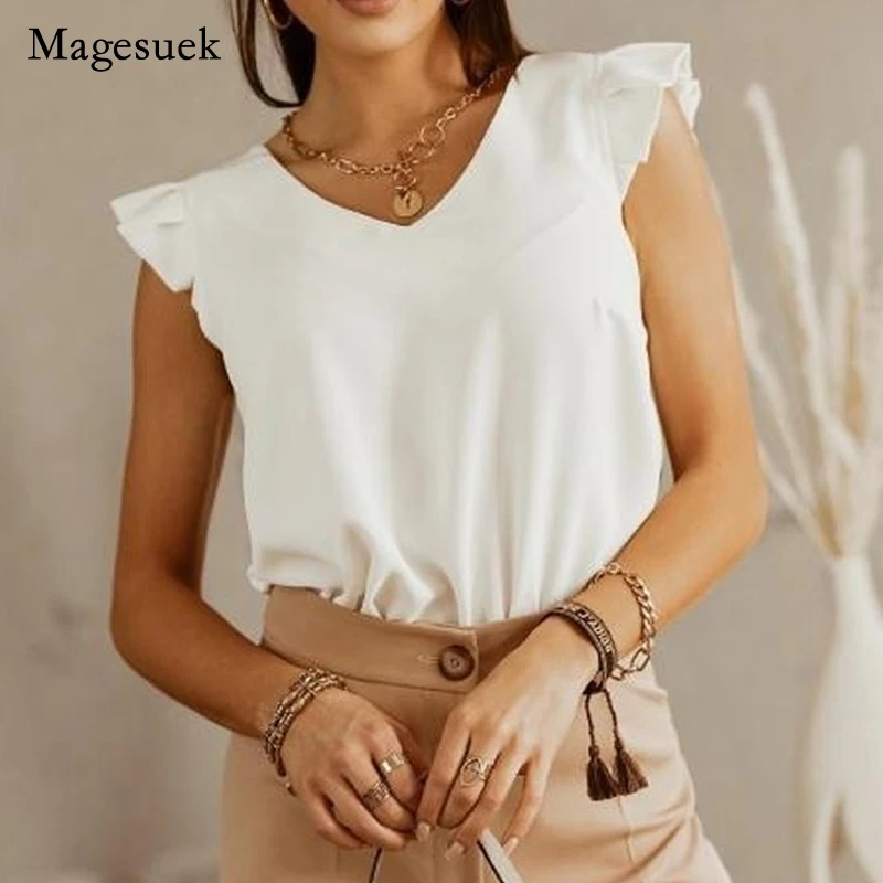 

Summer Ruffles Blouse V-neck Solid Short Sleeve Shirt for Women Elegant White Sleeveless Tops Office Lady Clothes Blusas 19016