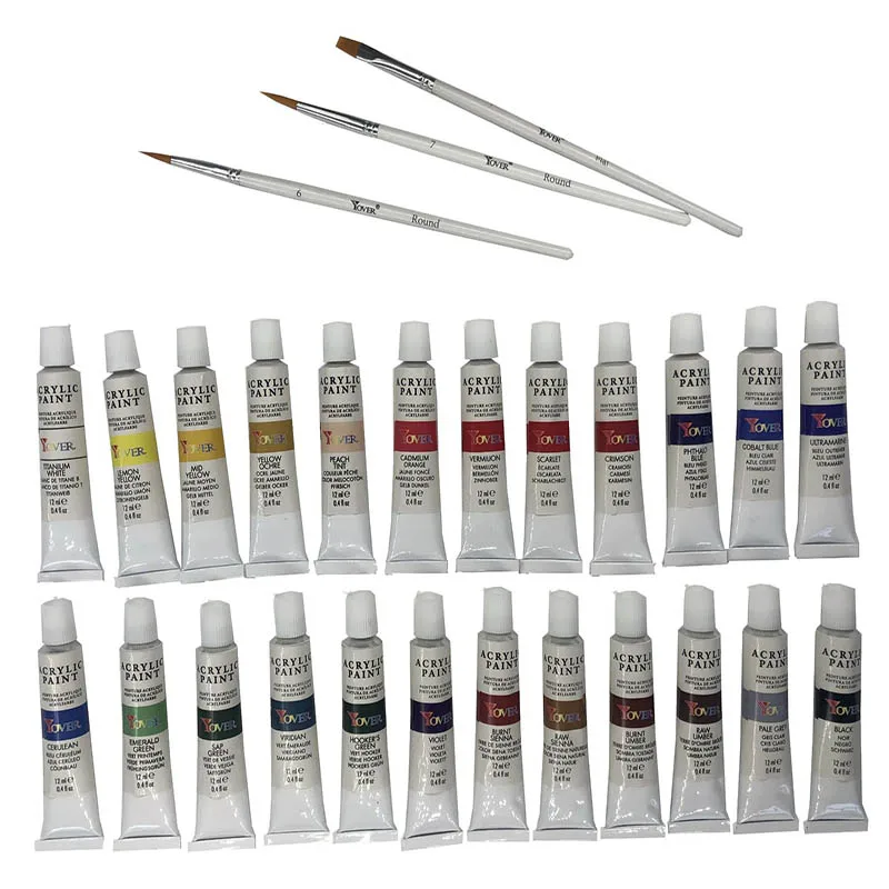 Cena YOVER Farby Akrylowe 24 Kolory Profesjonalny Pędzel Zestaw 12ml Tuby Rysunek Artystyczny Malarstwo Pigment Ręcznie Malowana Farba Do ścian DIY