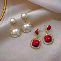 2022 new sexy chinese red square pendant earrings for women fashion luxury zircon drop earring for korean jewelry party for girl
