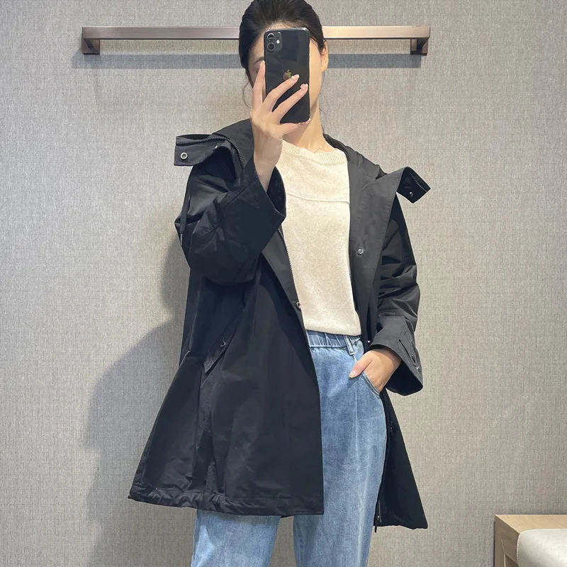 

Beading Chain Mid-Lenght Trench Coat Women Hooded Zipper Long Sleeve 2023 Autumn Female Windbreaker