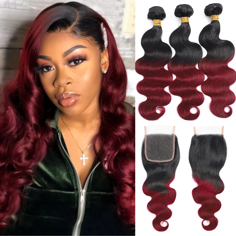 Body Wave Bundles With Closure 100% Human Hair Weave Brazilian Red Burgundy 1b/99j 3/4 Bundles With Closure Extensions For Women
