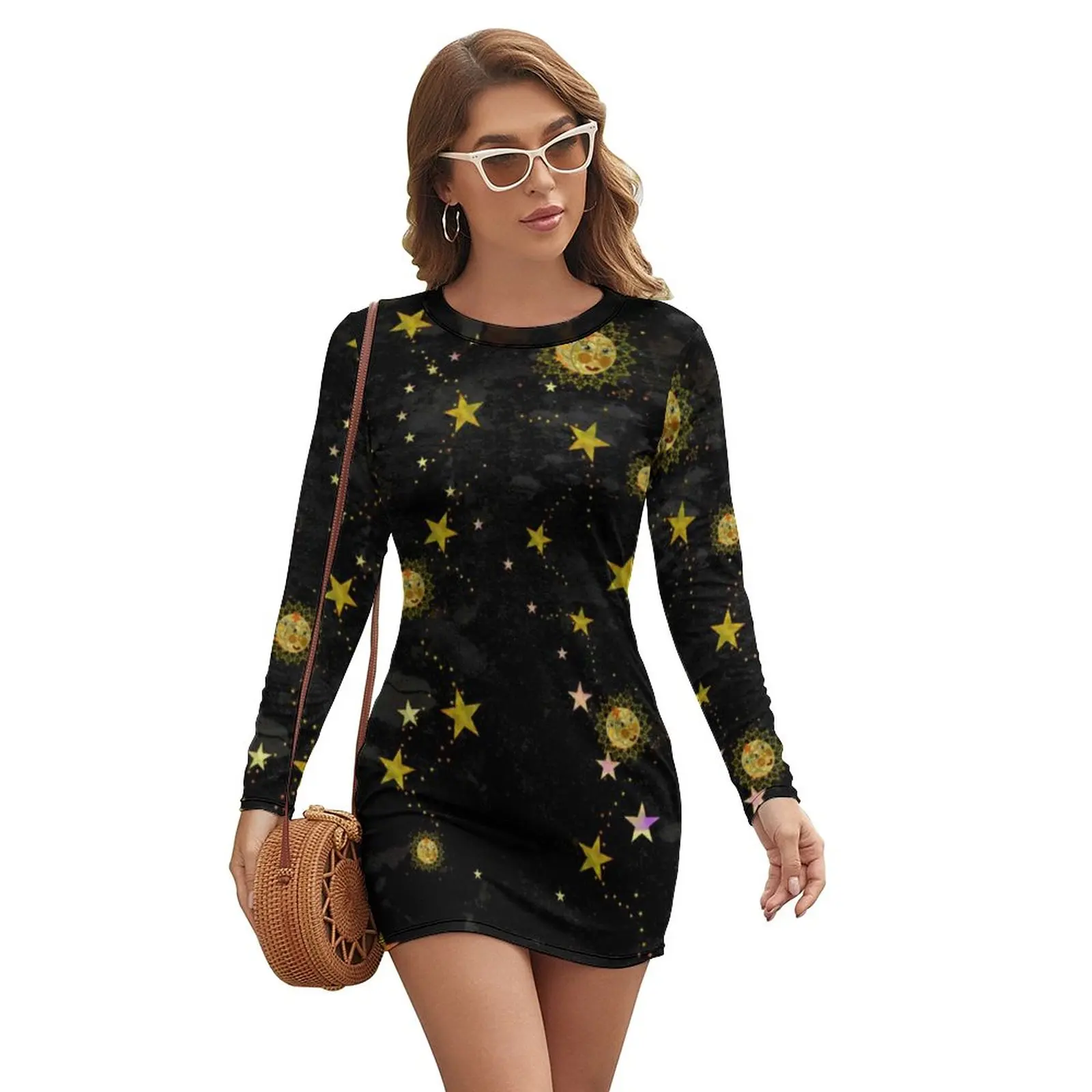 

Платье с абстрактным принтом солнца, женское простое облегающее платье с принтом луны и звезд, Осенние милые платья с длинным рукавом, плать...