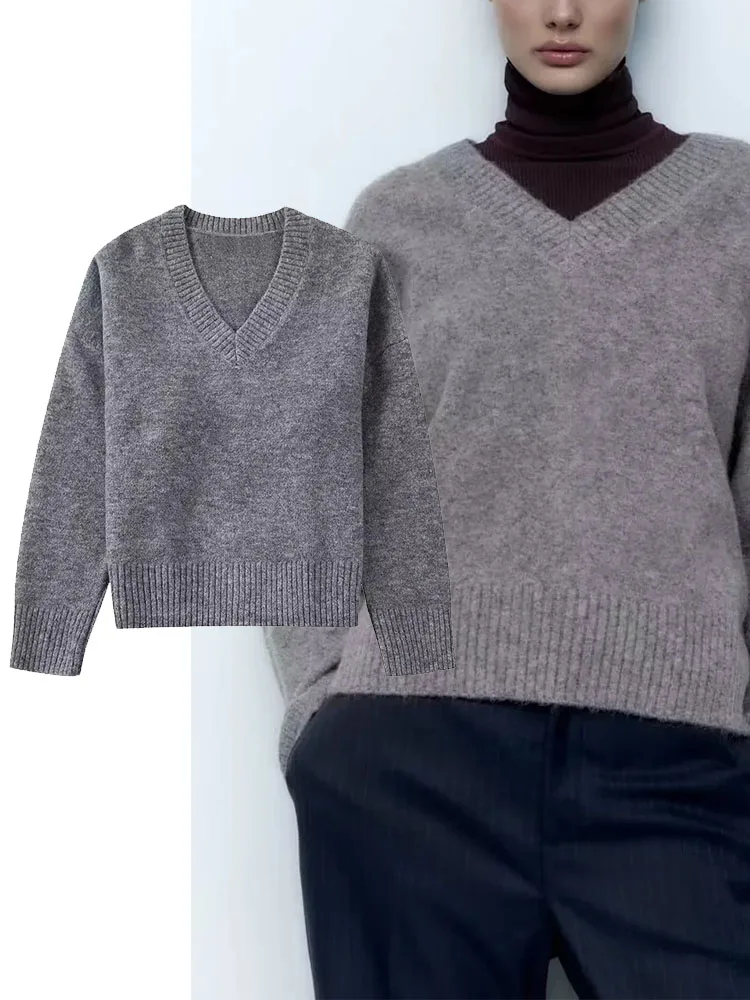 

Женский свободный трикотажный свитер с V-образным вырезом и длинным рукавом