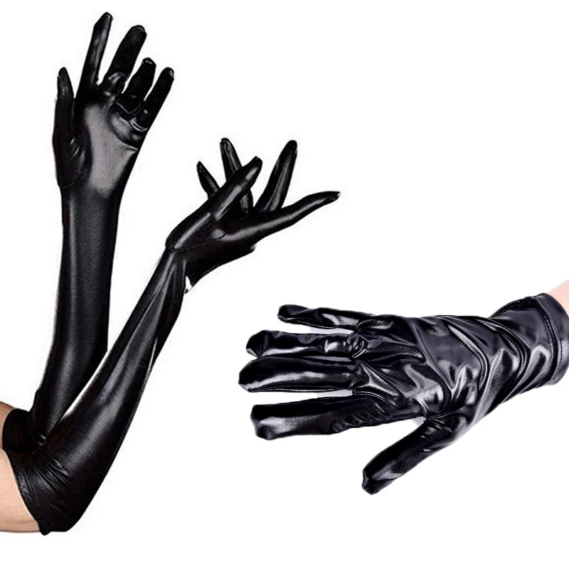 

silver Sexy Stretch PU Leather Skinny Long Glove Punk Rock HipHop Jazz Disco Dance Glove Shiny Metallic Mitten Cosplay Accessory