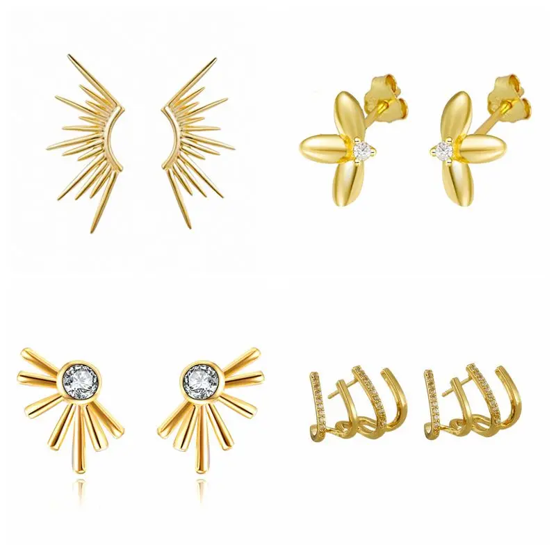 

925 Sterling Silver Ear Needle Geometry Minimalist Gold Color Stud Earring Piercing Women Wedding Jewelry Luxury Fashion Gift