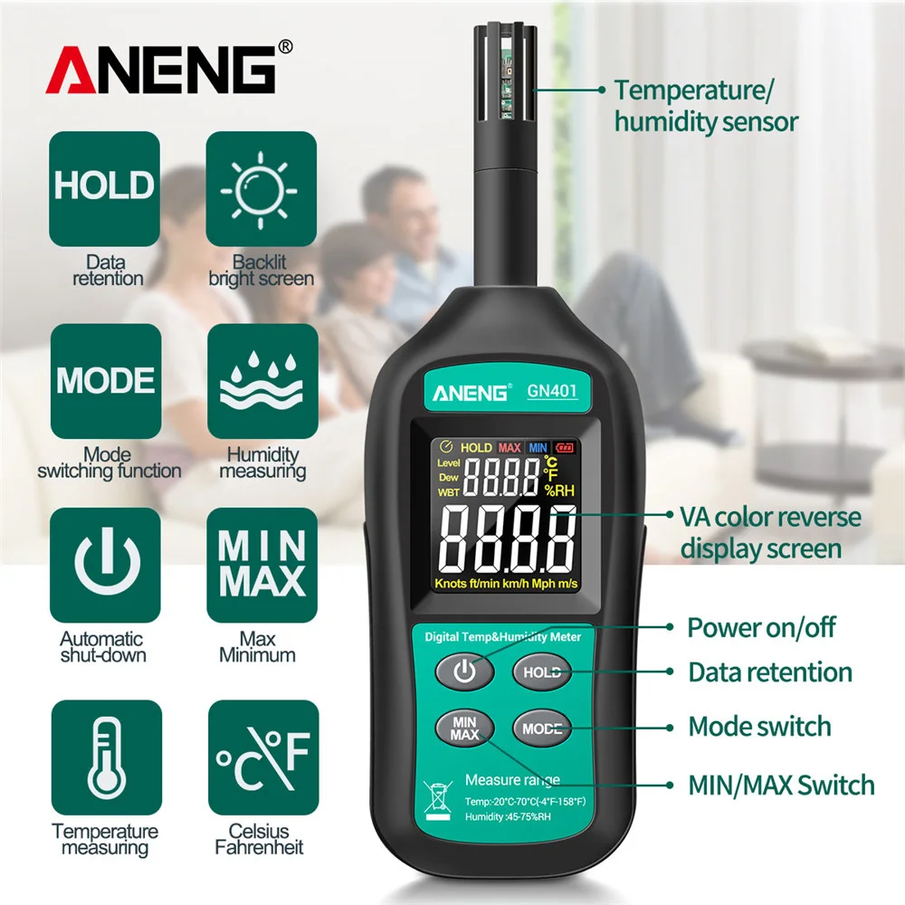 

Цифровой измеритель температуры и влажности ANENG 104, Ручной бесконтактный термометр, гигрометр, тестер для домашней промышленности и сельско...