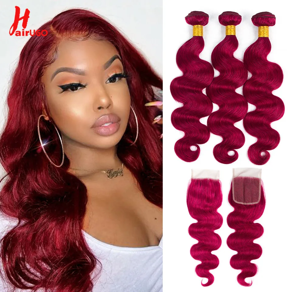 HairUGo Peruvian Burgundy Bundles With Closure Body Wave Bundles With Closure Ombre Human Hair Bundles With Closure Remy Weaving