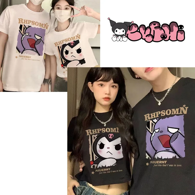 

Kawaii Sanrios Kuromi хлопковая с коротким рукавом Удобная дышащая аниме милая мультяшная Повседневная футболка парная Одежда Лето Новинка