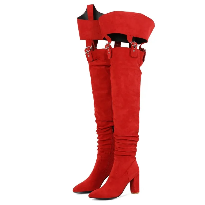 

New Arrivals Fashion Designer Thigh High Boots Woman Over The Knee Boots Sexy Pointed Toe Metal Buckle Ladies Heeled Long Boots