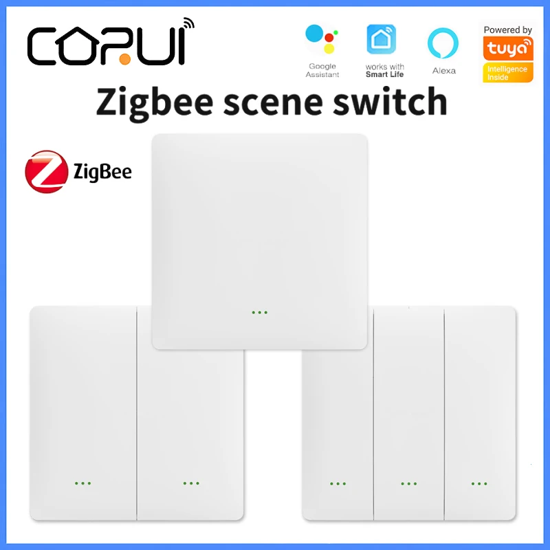 

CoRui Tuya Zigbee Smart Scene Switch 1/2/3 Gang Free Wiring Free Pasting Remote Control Smart Home Support Alexa Google Home