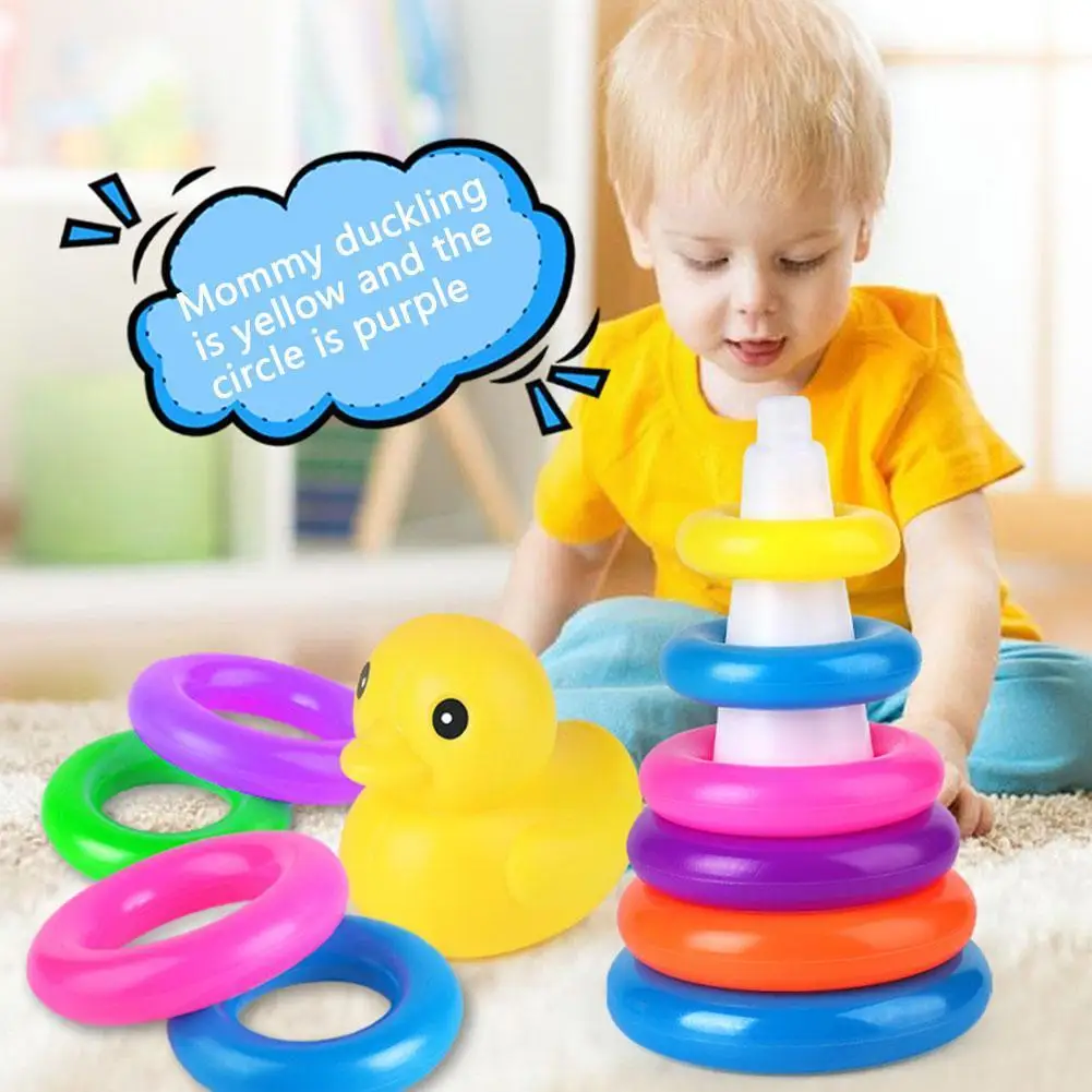 

Children's Little Yellow Duck Rainbow Tower Stacking Circle Baby Early Childhood Education Ring Montessori Toddler Toy Kids Gift