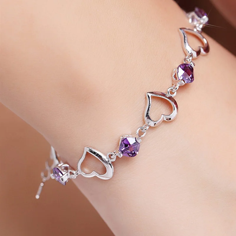 

KCRLP Noble 925 Sterling Silver Bracelet Heart Purple Crystal Zircon Bracelet For Woman Party Engagement Jewelry