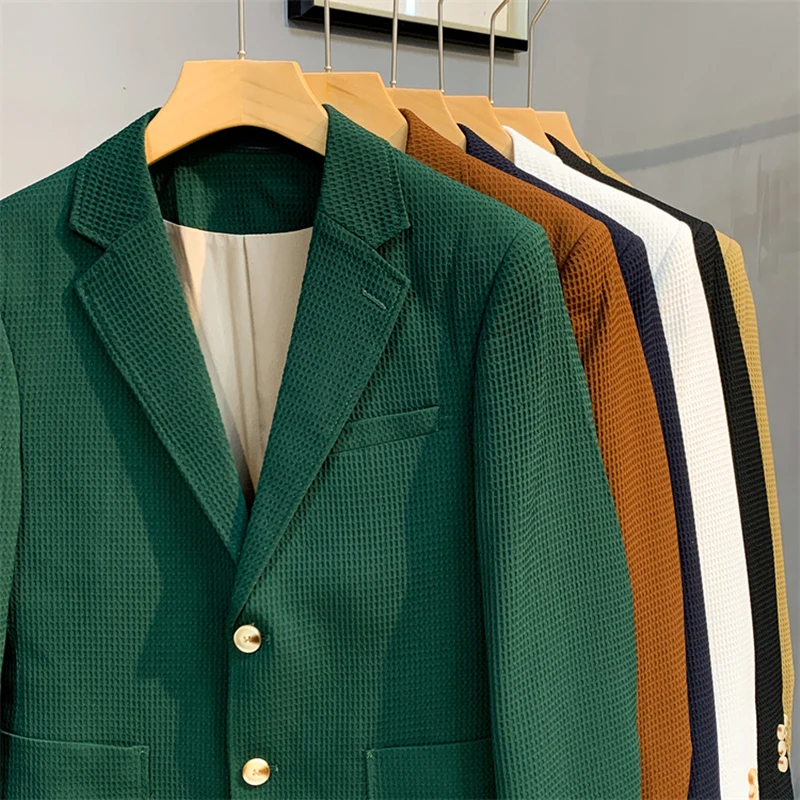 

Приталенный Мужской Блейзер Plyesxale с вафельным рисунком, повседневная мужская куртка, черный, белый, темно-зеленый, темно-синий, Мужской Блейзер Q1635