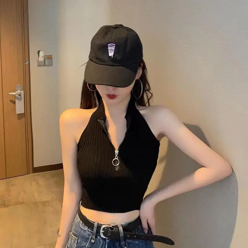 

2023 Summer New Crop Top Knitted Vest Slim Sexy Zipper Sleeveless Halter Neck Womenswear Free Shipping