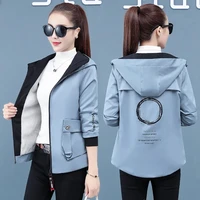 2022 new spring autumn jackets slim womens short coat long sleeve pockets print patchwork top thick hooded outwear trend female