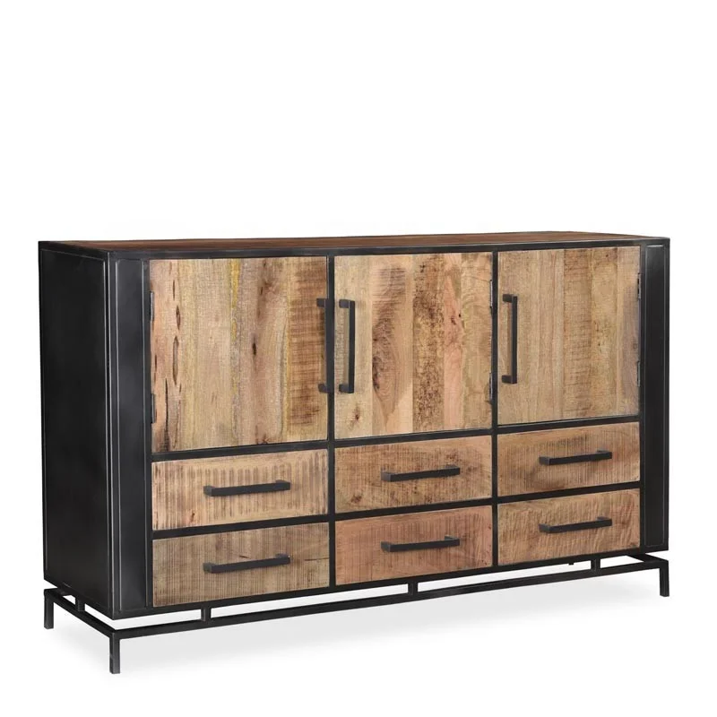 

Contemporary Styled Industrial Metal Sideboard With Mango Wood Drawers