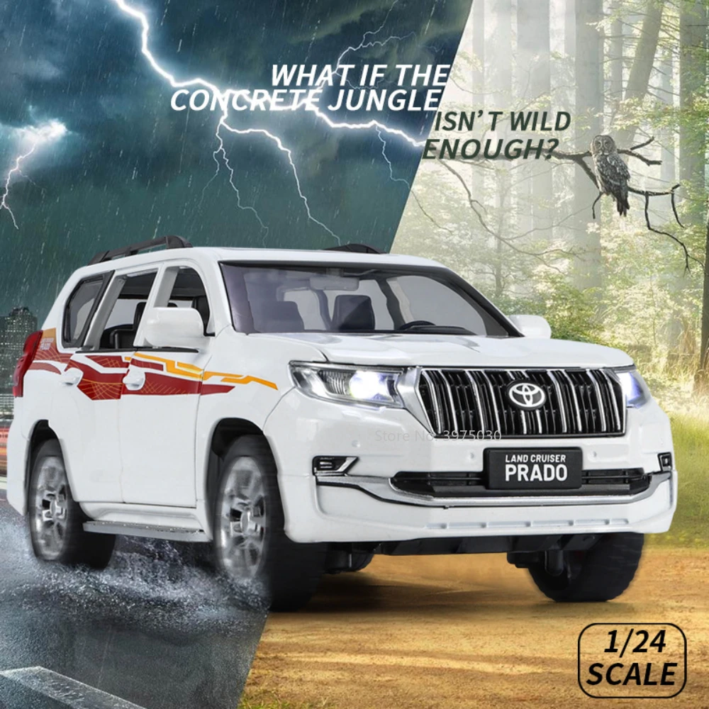

Модель автомобиля Toyota Prado SUV из сплава в масштабе 1/24, Игрушечная модель литая внедорожника с музыкой, открытые двери, игрушки для подарка