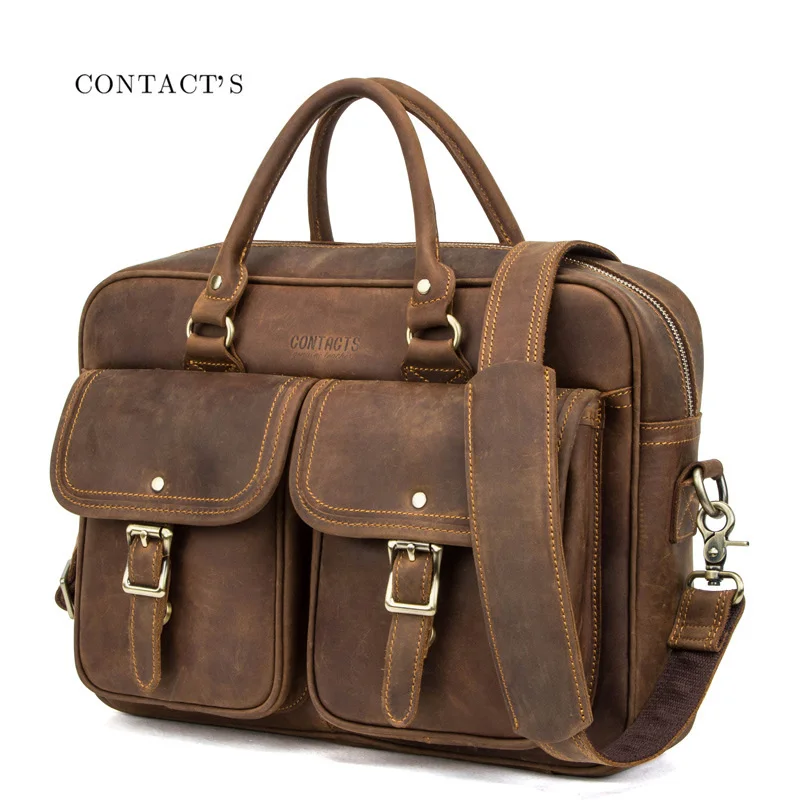 Crazy Horse Cowhide Men's Business Briefcase Can Hold 15.6-inch Laptop Bag Handbag Leather Luxury Designer Bags Free Shipping