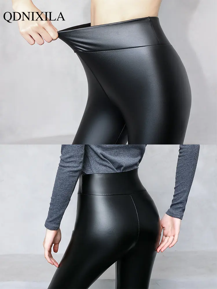 2023 Spring Winter New Thermal Leg Warm Women's Leggings Leather High Waist Fleece Velvet Black Tights Sexy PU Faux Female Pants