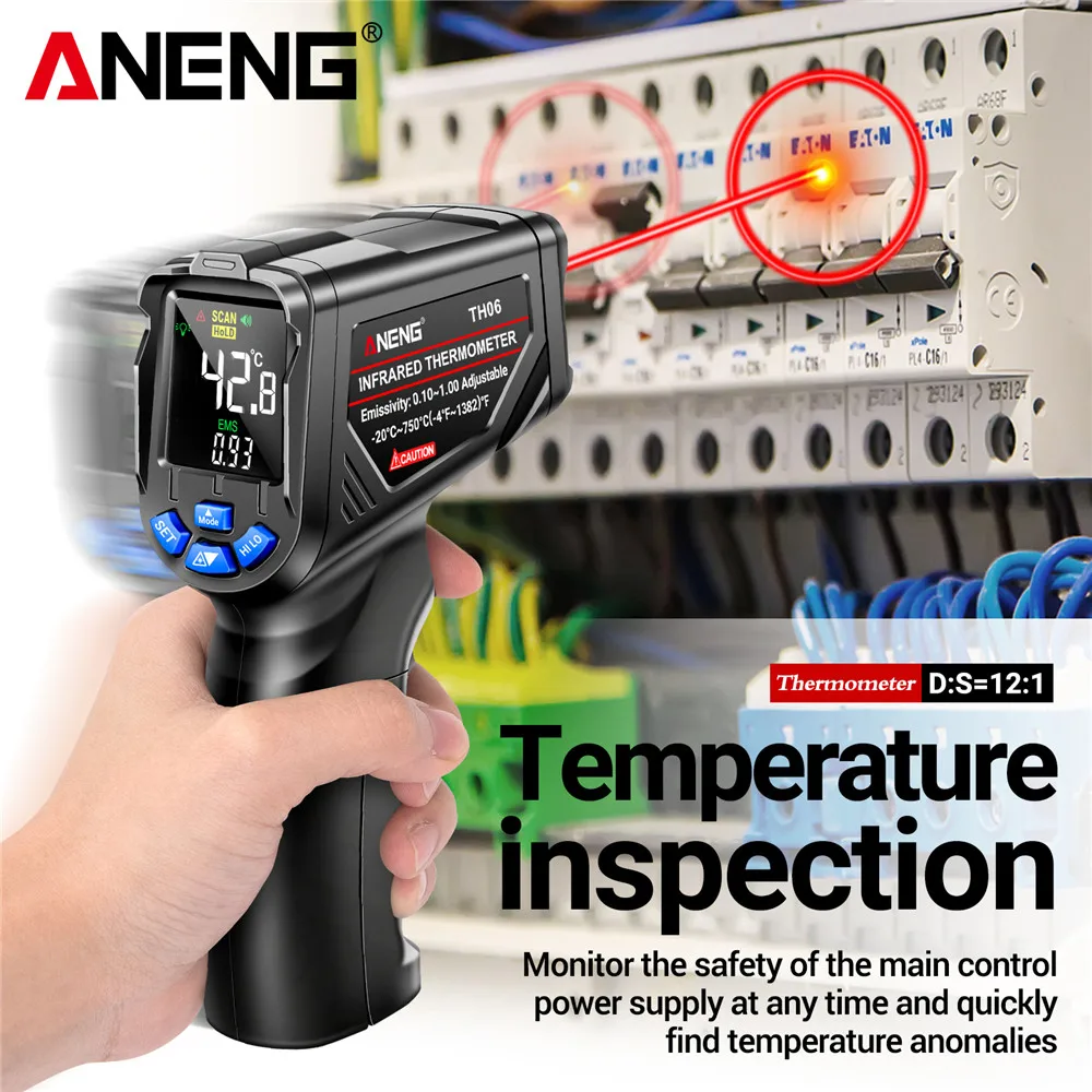 

ANENG TH06 Infrared Laser Thermometer -20℃~750℃ -4℉~1382℉ High/Low Temperature Gun With Va Color Reverse Screen Industrial Tool