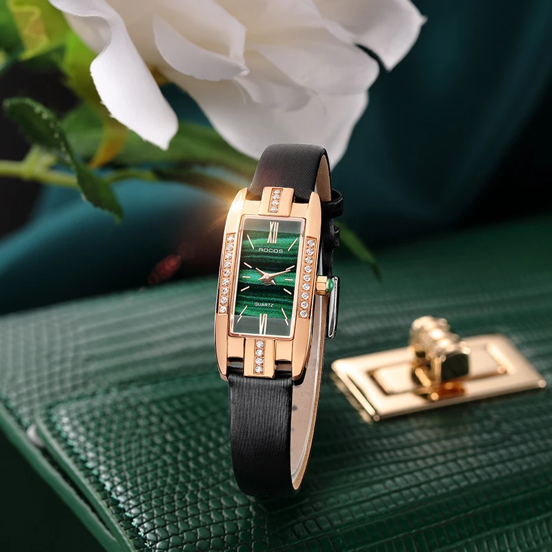 ROCOS Women Watches Rectangle Ladies Quartz Watch Women Quartz Watches Luxury Simple Diamond Green Dial WristWatch R209S