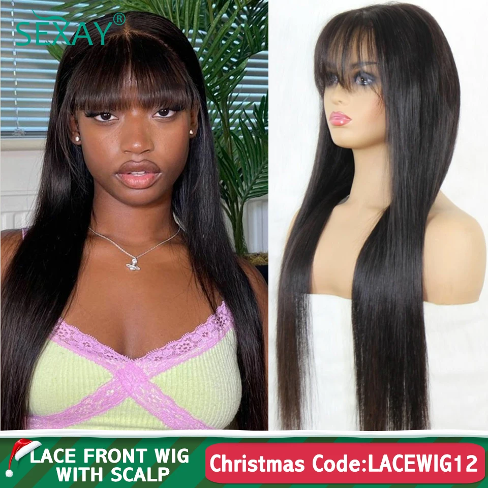 Sexay Natural Scalp Lace Front Wig With Bangs 180 Density Brazilian Straight Human Hair Bang Wigs Pre Plucked Lace Front Wigs