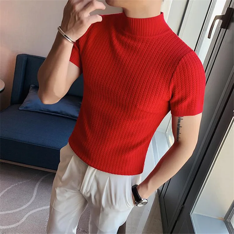 

2022 Men Autumn Short Sleeve Knit Sweater High Quality Slim Street Wear Men's Brand Turtleneck Stretched Pullovers T-Shirt