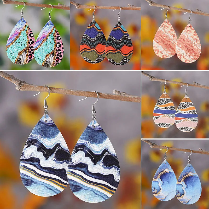 

Bohemian Abstract Water Drop Earrings Blue Ocean Colored Marble Pattern Pendant Ethnic Earrings For Women