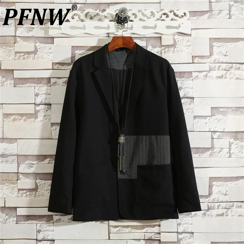 

PFNW Spring Autumn Men's Versatile Color Contrast Youth Cool Thin Suit Coat Darkwear Plaid Pattern Design Baggy Blazers 12A9462