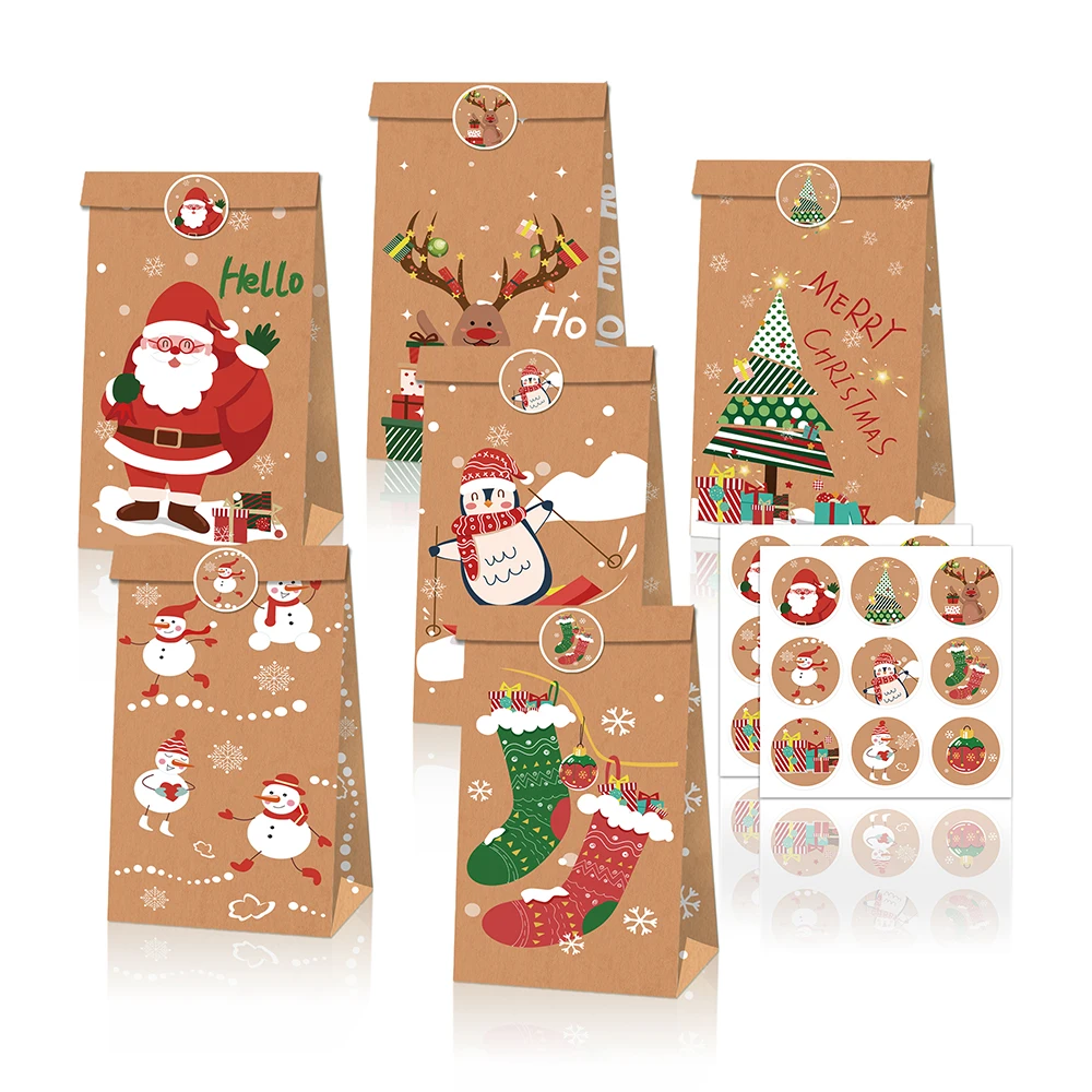 

LB127 12Pcs Santa Claus Xmas Tree Merry Christmas Party Candy Kraft Paper Gift Bags Gifts and Sticker New Year Party Decorations