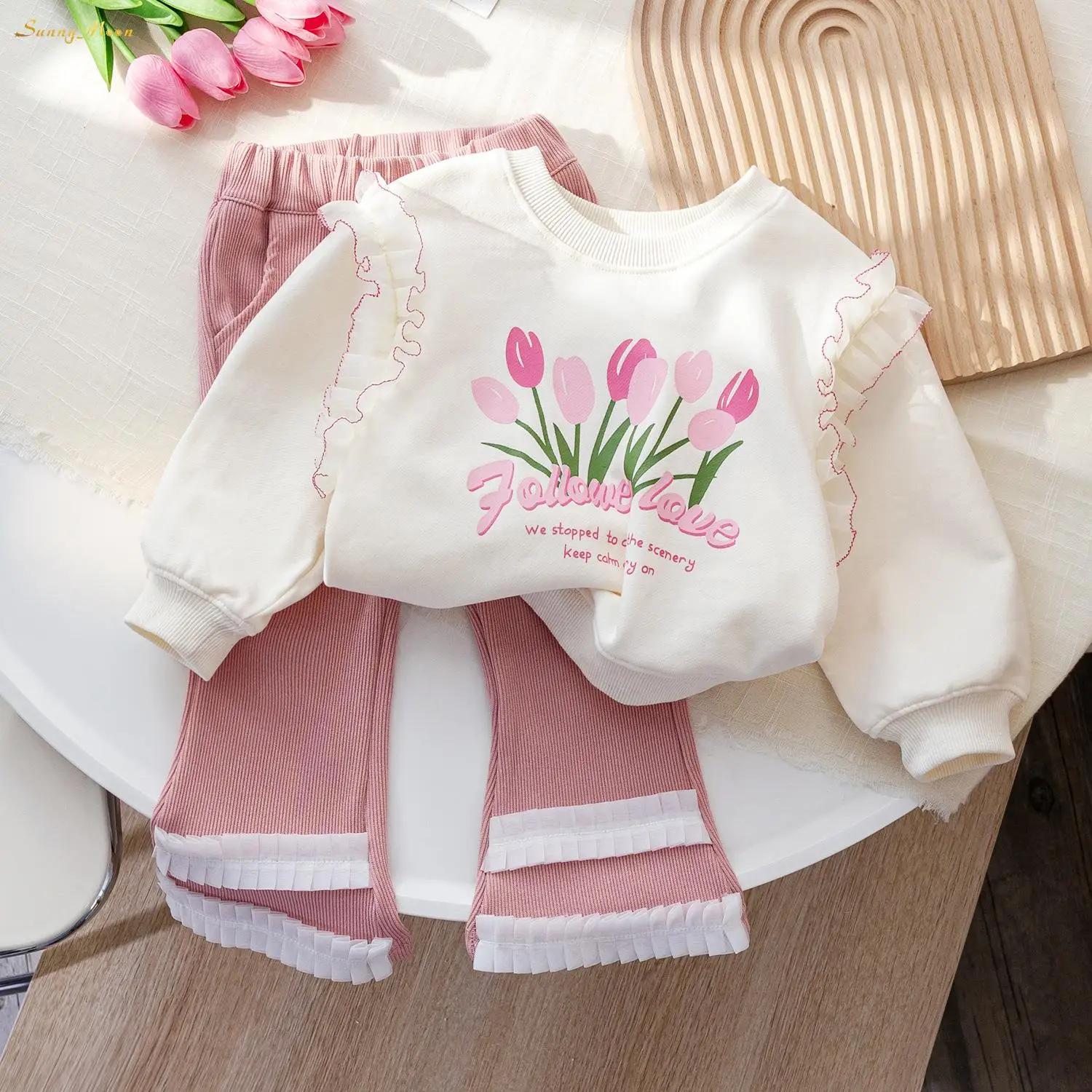 

Fashion Baby Girl Spring Autumn Cotton Long Sleeve Lace Edge Pullover Top+flare pant clothes 1PCS/2PCS Infant Toddler Child 1-7Y