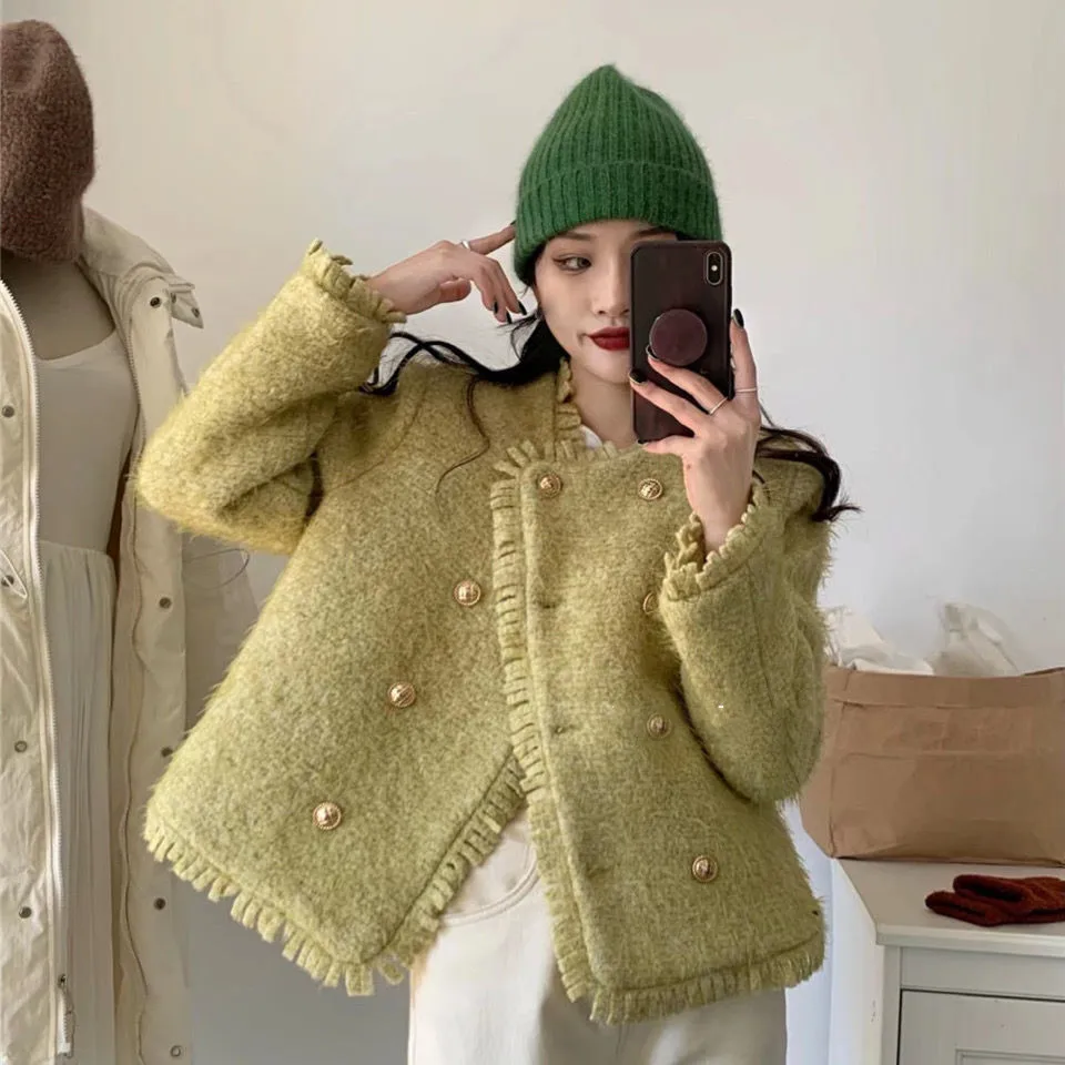 

New S-2XL Autumn Winter Elegant Chic Vintage Tassel Cardigan Thick Coat Women Crop Top Korean Tweed Jacket Outerwear