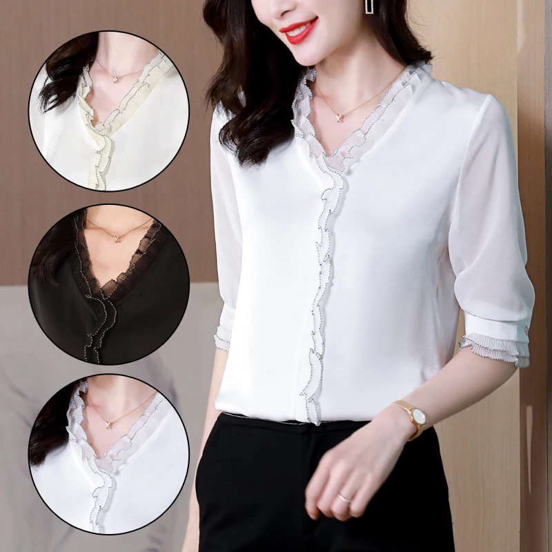 2022 Spring And Summer New Style Temperament Small Shirt Women'S Middle Sleeve Korean Fashionable V-Neck Chic Blouse