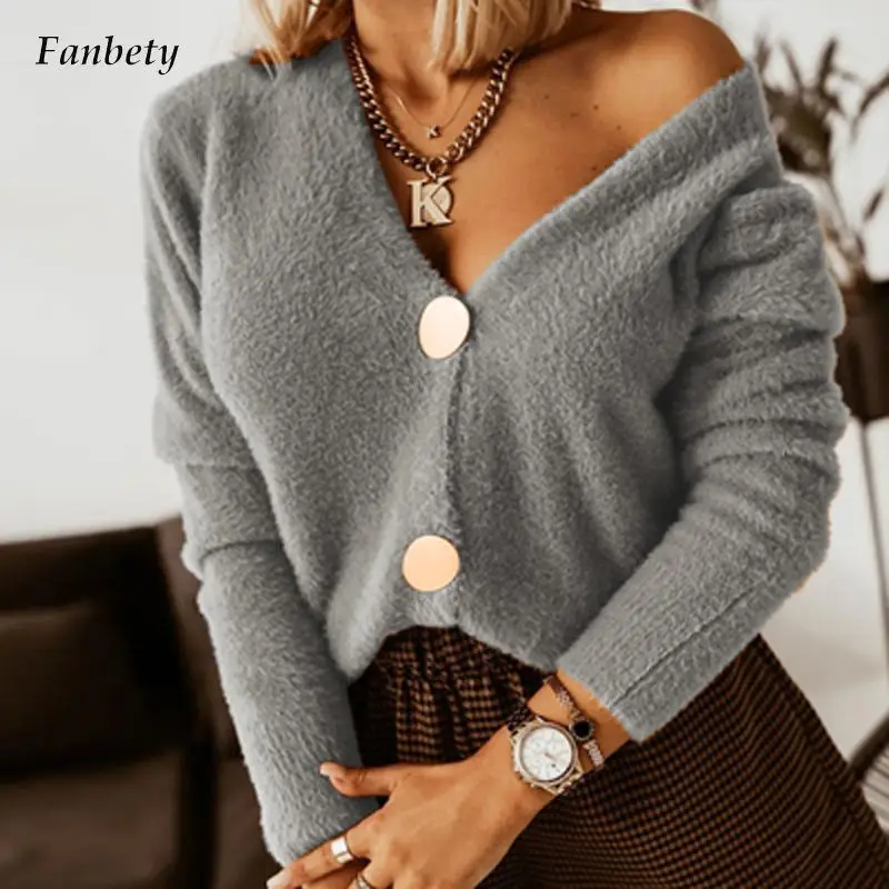 

New Elegant Fleece Sweater Cardigan Women Fashion Metal Button Loose Coats Tops Autumn Winter Casual Long Sleeve Solid Outerwear
