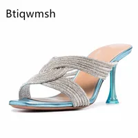 Blue Rhinestone Sandals Woman Open Toe Crystal Diamond Cross Strap High Heels Slippers Lady Sexy Party Shoes