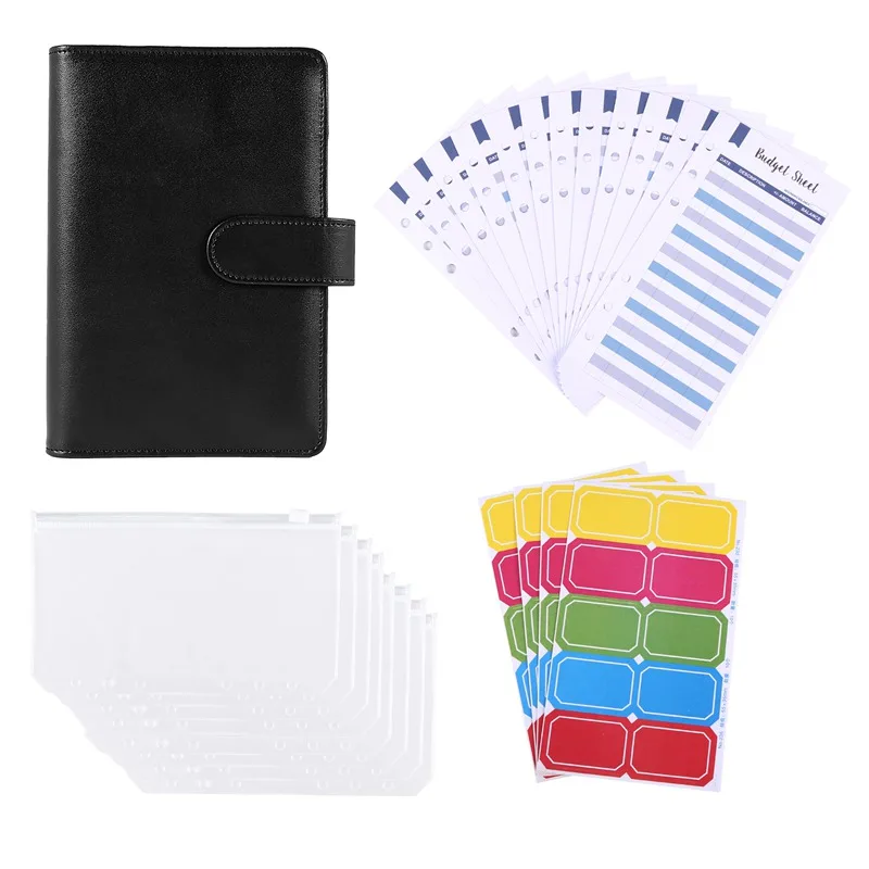 

A6 PU Leather Binder Cover With Binder Pockets, Expense Budget Sheets And Labels For Budget Organizer Envelopes