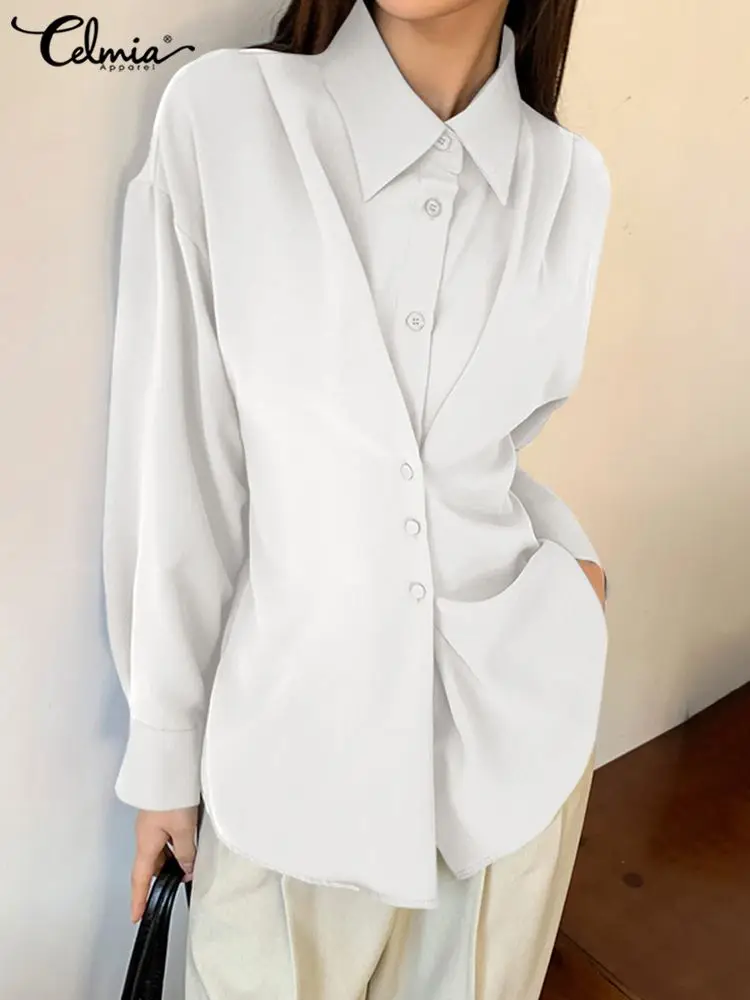 

Celmia Fashion Solid Color Shirt Women Korean Style Casual Loose Blusas Long Sleeves Buttons Turn Down Colalr Office Tops Blouse
