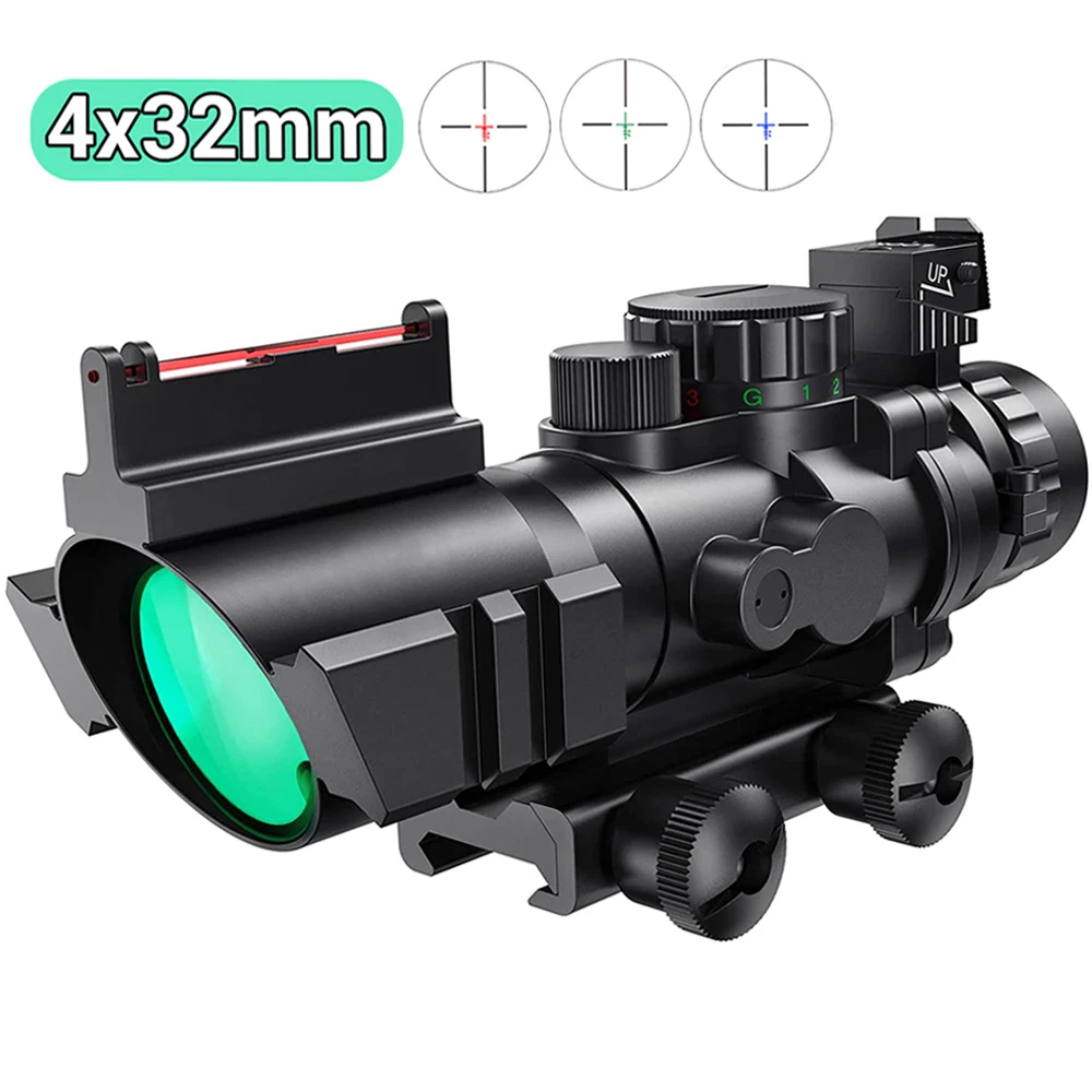 4x32mm Tactical Etched Reticle Riflescope Prism Rifle Scope Red Green Blue Illuminated Hunting Scope with Top Fiber Optic Sight