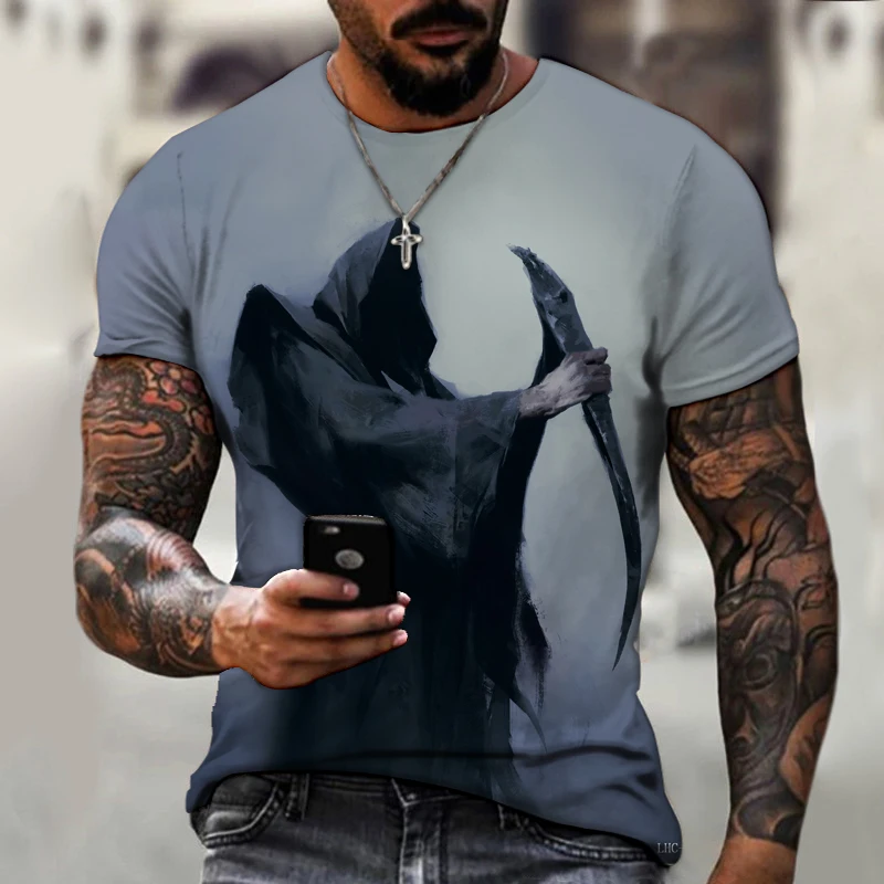 

2022 3d Printing Character Male Pattern T Shirt Dark Horror Series Street Trend Personality All-match Loose Oversized Shirt