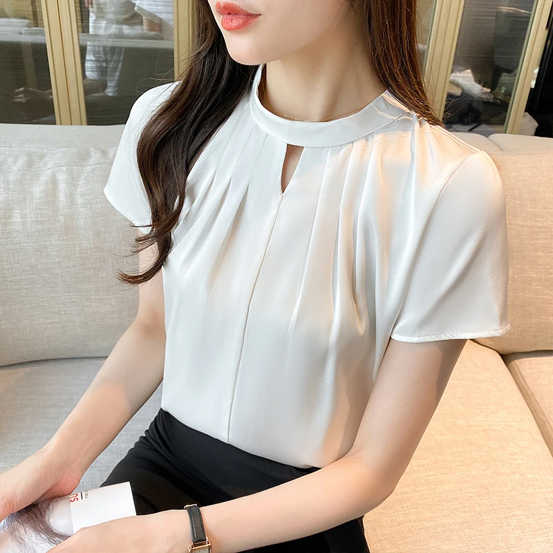 

Office Lady Shirts New Fashion Tops Summer Elegant Pleated Chiffon Blouse French Short Sleeve Women White Blusas Clothes 25294