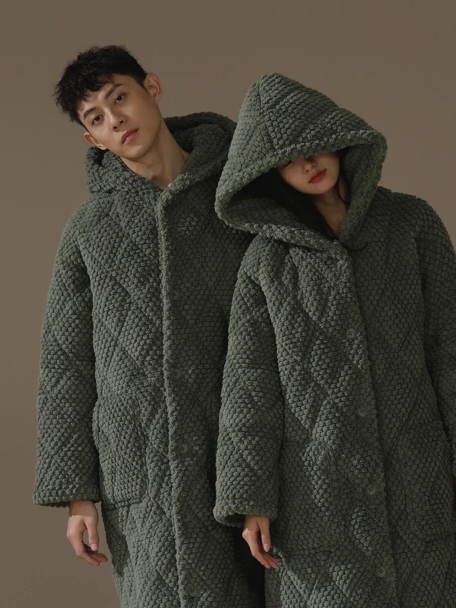 [Super Thick] Couple's Three-Layer Quilted Nightgown Winter Coral Fleece Thickened Warm Hood Men's and Women's Bathrobe Homewear