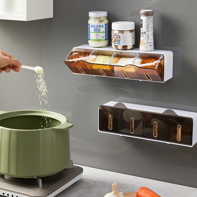 

Wall Mounted Kitchen 4 Grid Condiment Box Kitchen Seasoning Shelf Portable Moisture-proof Seasoning Box Set Kitchen Accessoeies