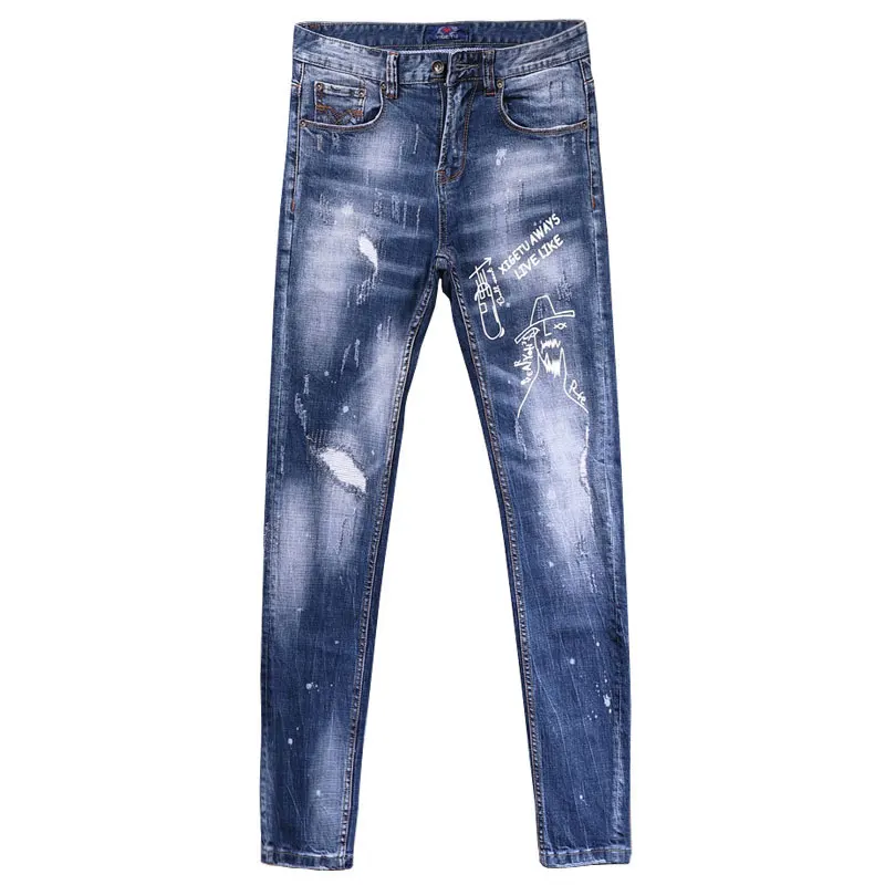 Streetwear Fashion Men Jeans Retro Blue Stretch Slim Fit Printed Designer Ripped Jeans Men Vintage Patched Hip Hop Pants Hombre