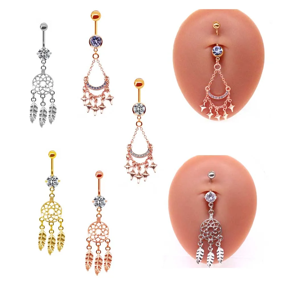 

1PC Reversed Barbell Navel Belly Button Rings Cross Piercing Ombligo Zircon Stainless Steel Dream Catcher Animals Body Piercings