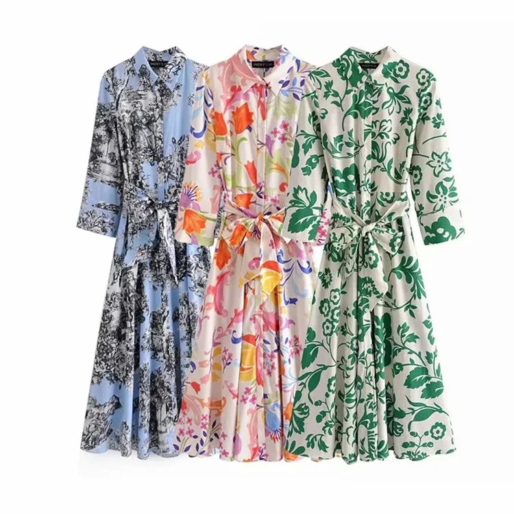 

7875025 new temperament fashion waist thin women's printed poplin dress tide 07875025063