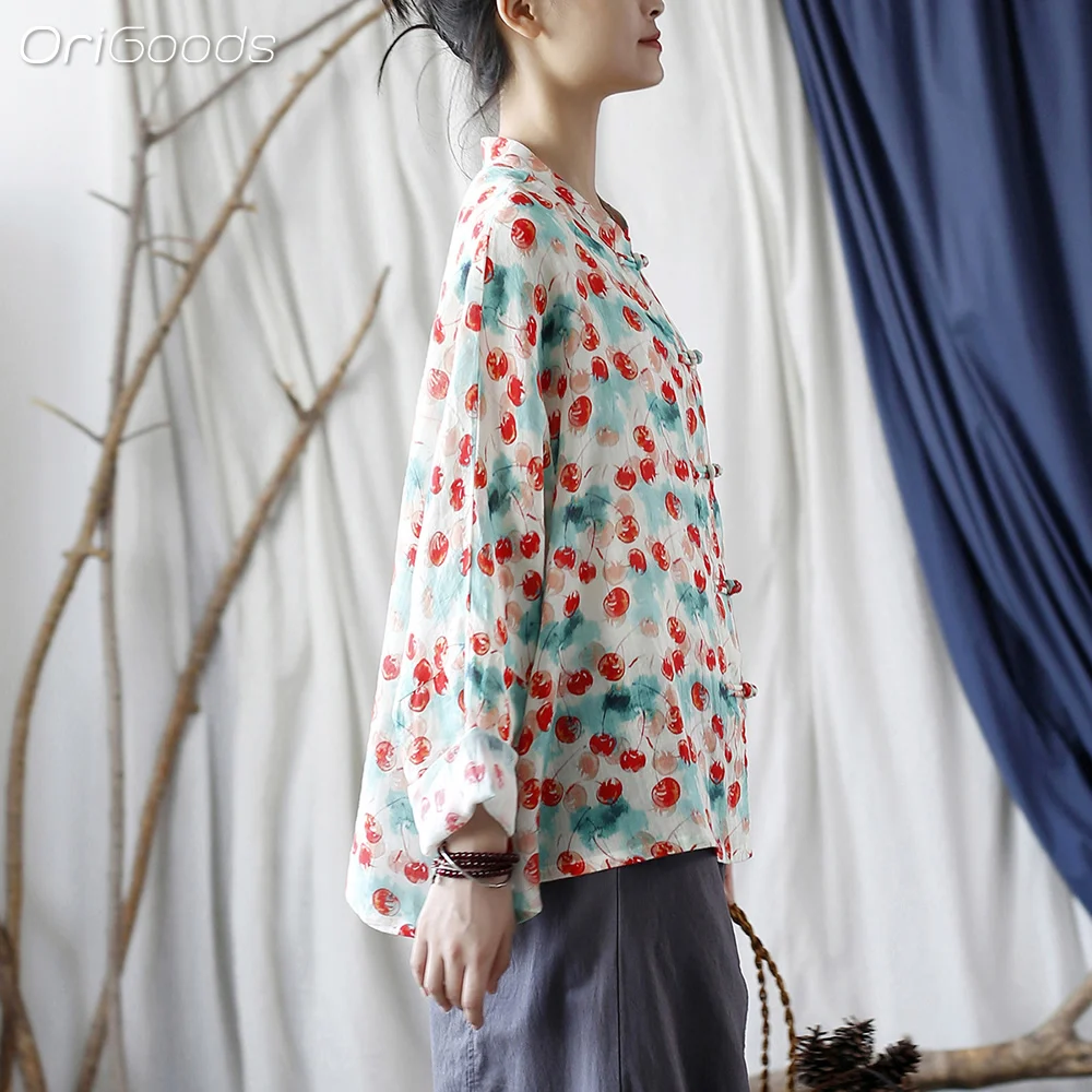 OriGoods Рубашка с рукавами летучих мышей блузка женский супер - рамин вишнёвый принт