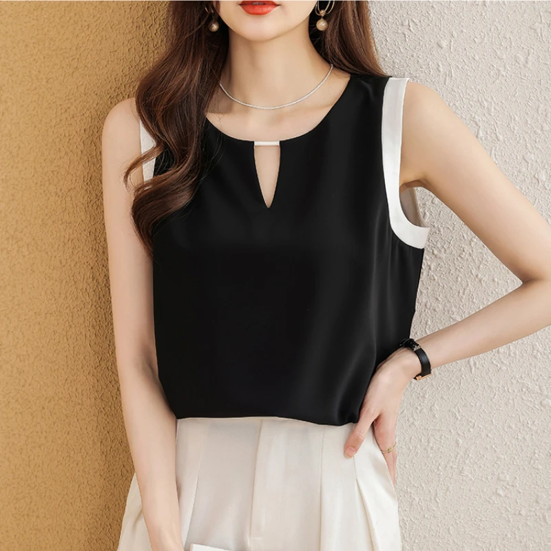 

Блузка женская шифоновая без рукавов, топ с круглым вырезом и вырезами, базовая Модная рубашка в офисном стиле, летняя одежда